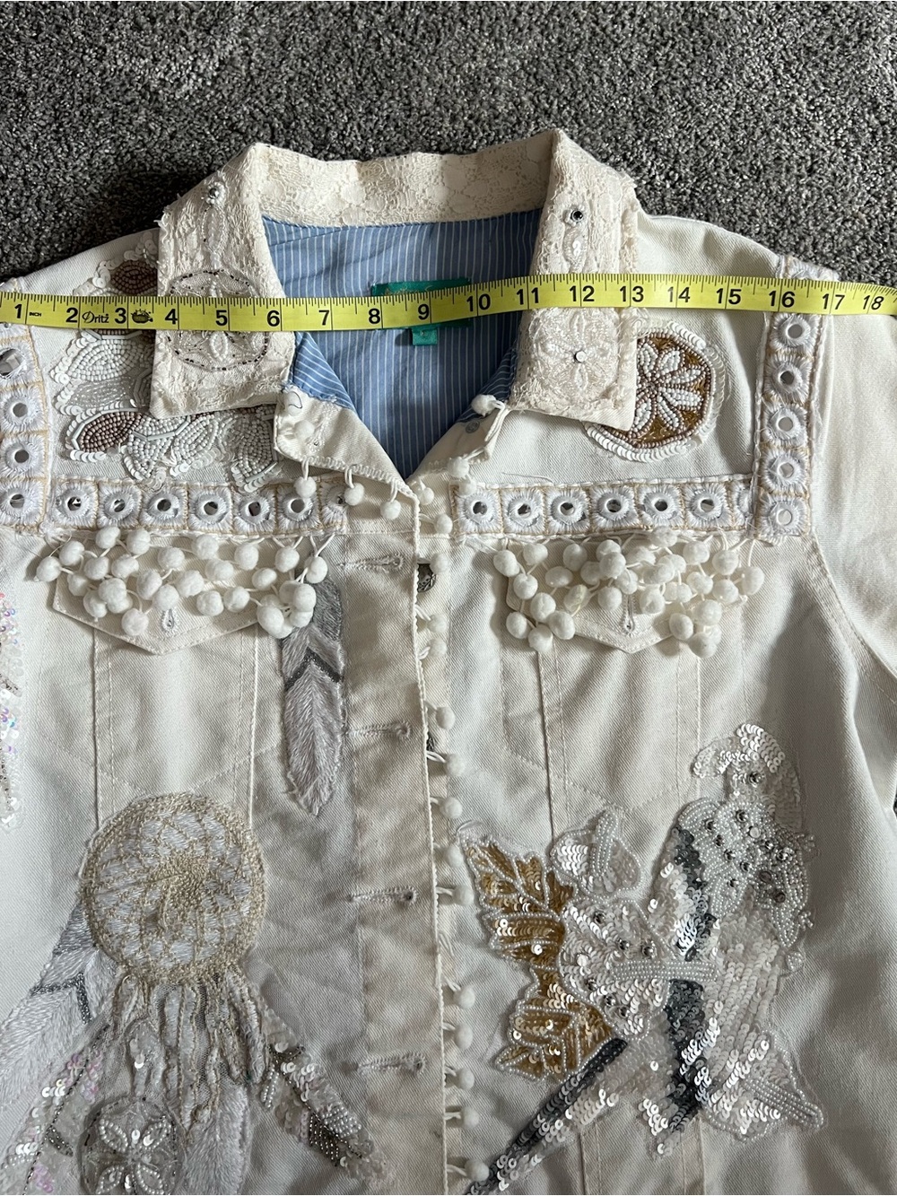 Antica Santoria Embellished White  Denim Jacket with Pom Pom Details - Picture 7 of 15